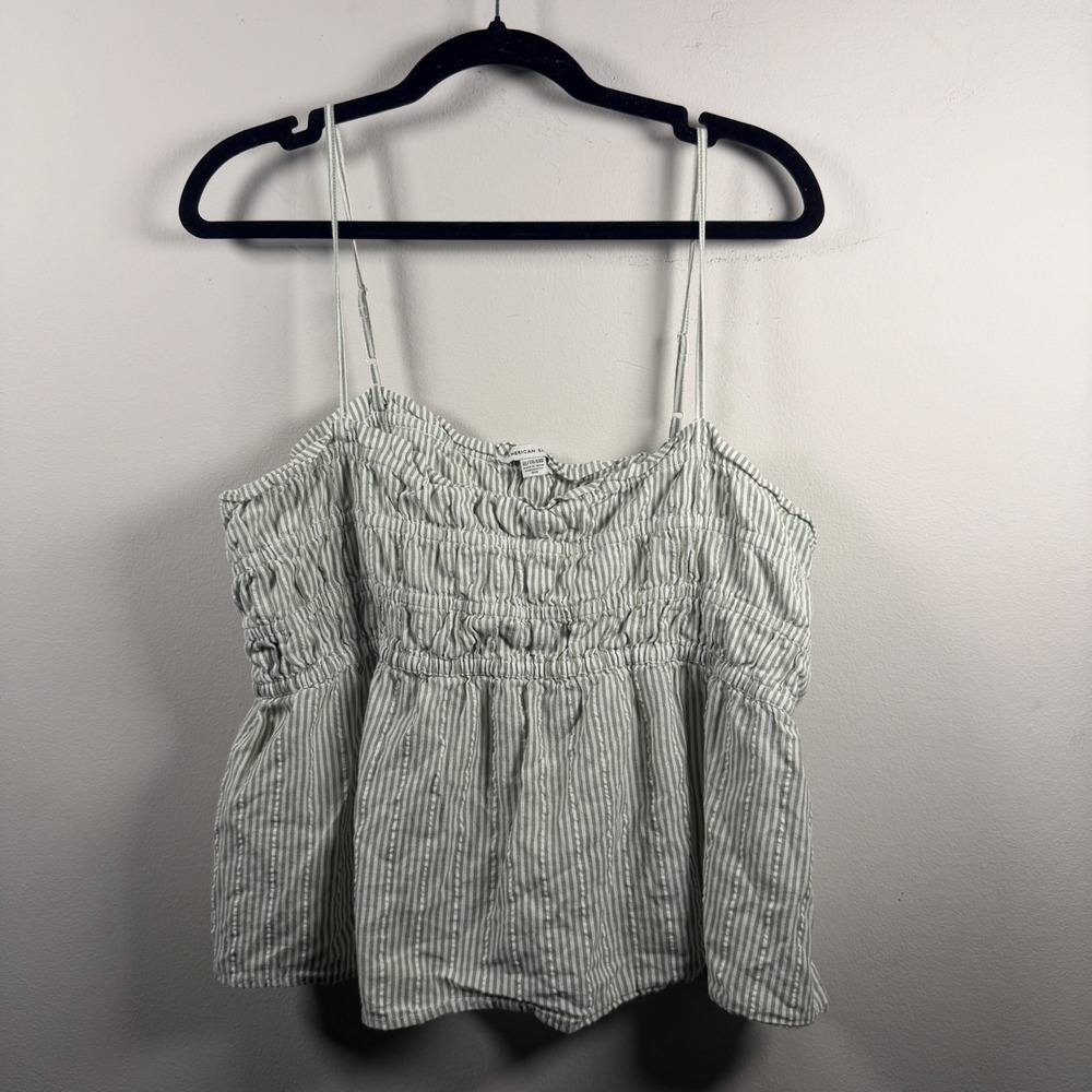 American Eagle Camisole Top Womens XL Green Modern Smocked Striped Peplum Cotton